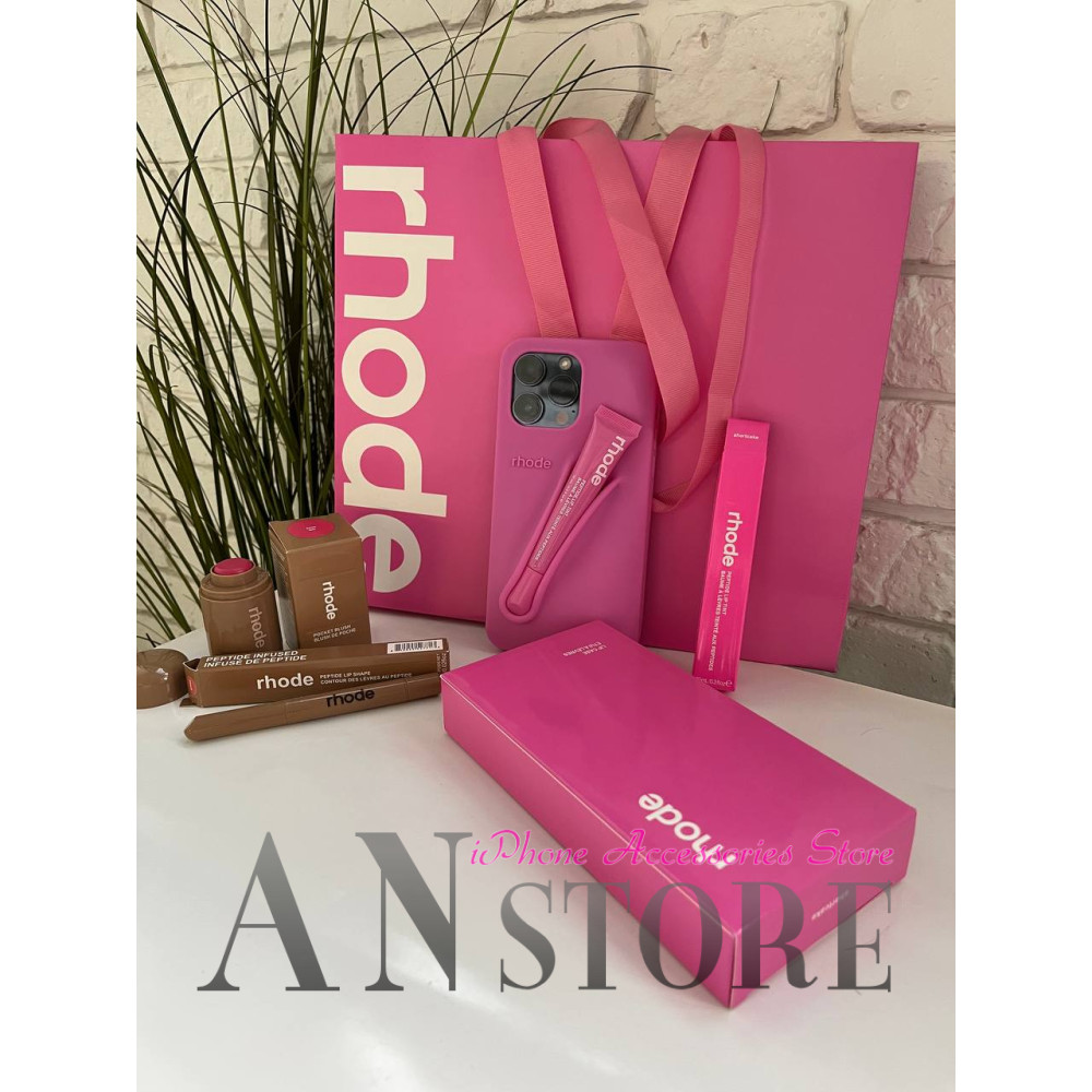 Подарочный набор Rhode Shortcake розовый: чехол для iPhone, блеск, карандаш и румяна